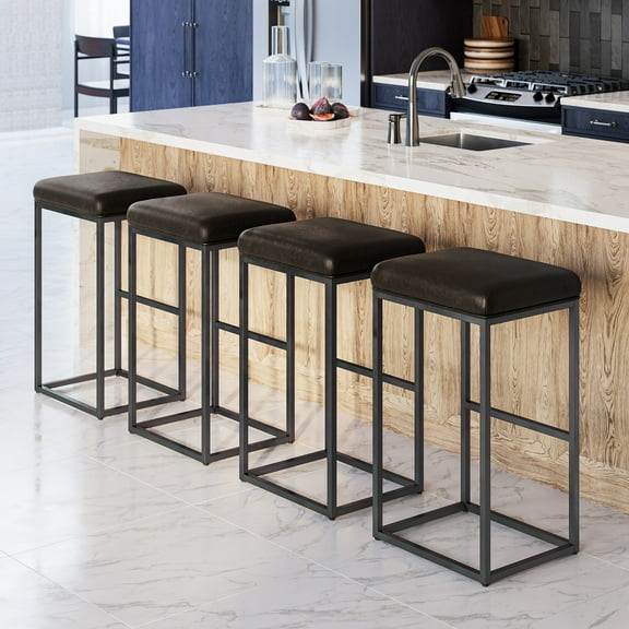 BELLEZE 30" Bar Height Bar Stools Set of 4, PU Leather Backless Barstools, Modern Upholstered Kitchen Stools with Metal Base Kitchen Island Chairs for Bar Pub Bistro, Grey & Black
