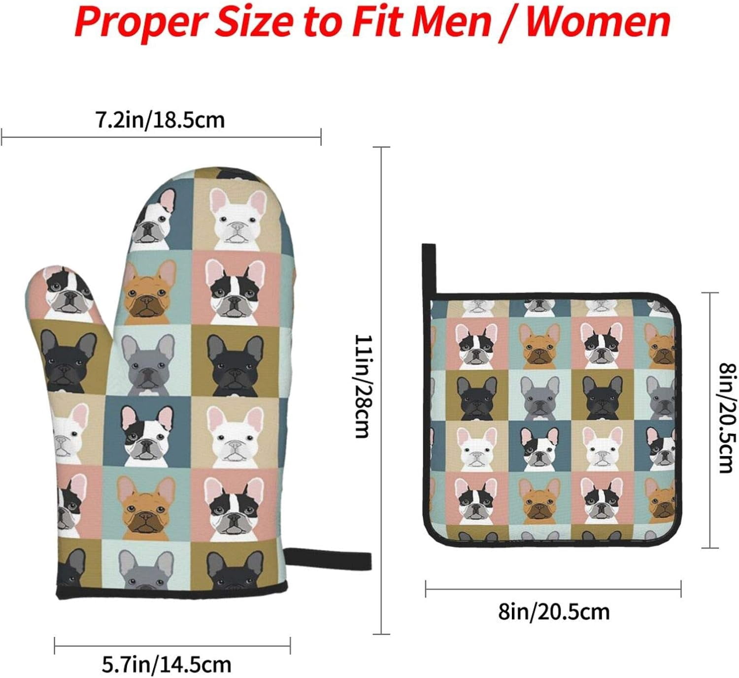 French Bulldogs Oven Mitts and Pot Holders Sets of 4, Resistant Hot Pads with Polyester Non-Slip BBQ Gloves for Kitchen Cooking Baking Grilling