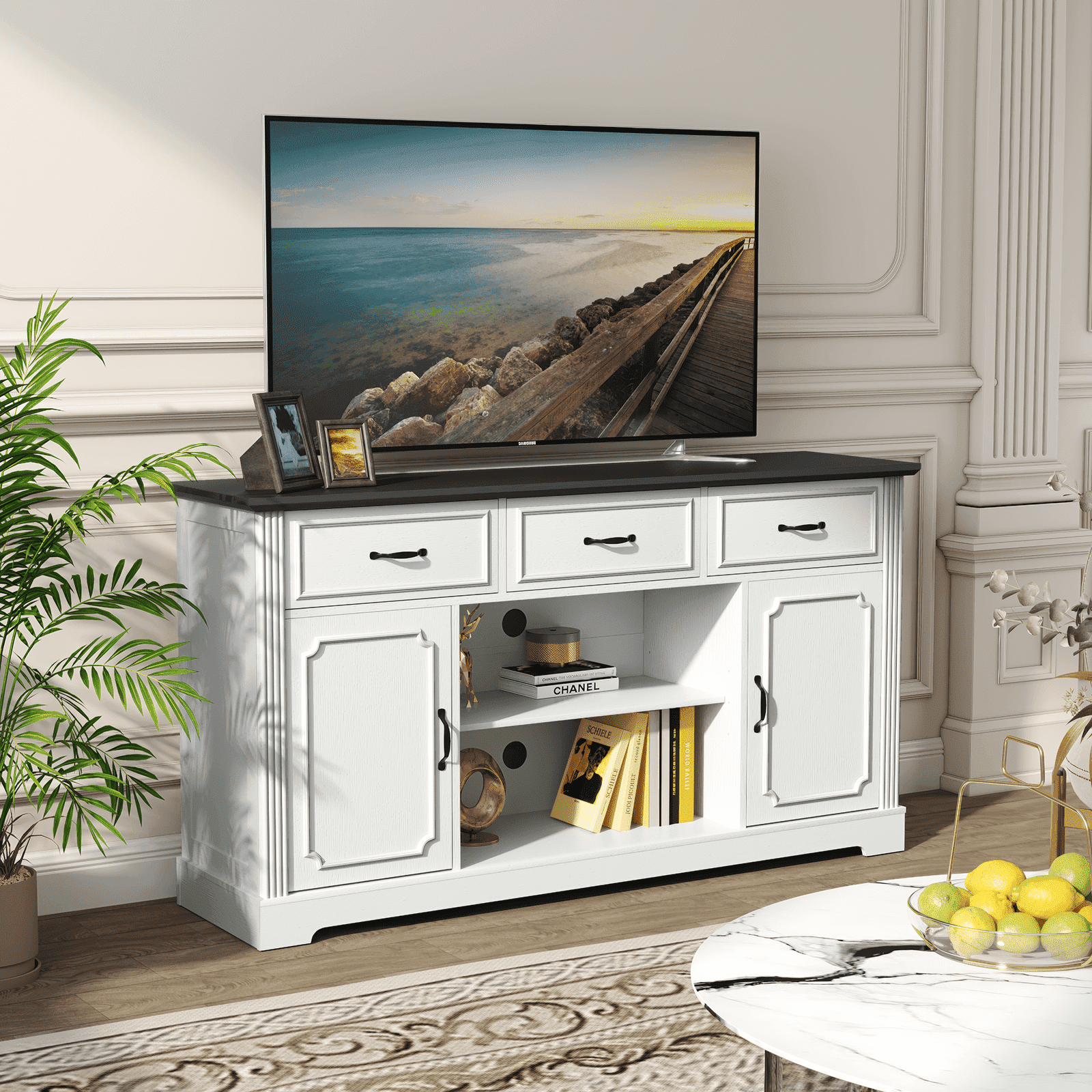 HLR Mid Century 60" TV Stand for TV up to 65", Entertainment Center with Drawers Storage for Living Room, White