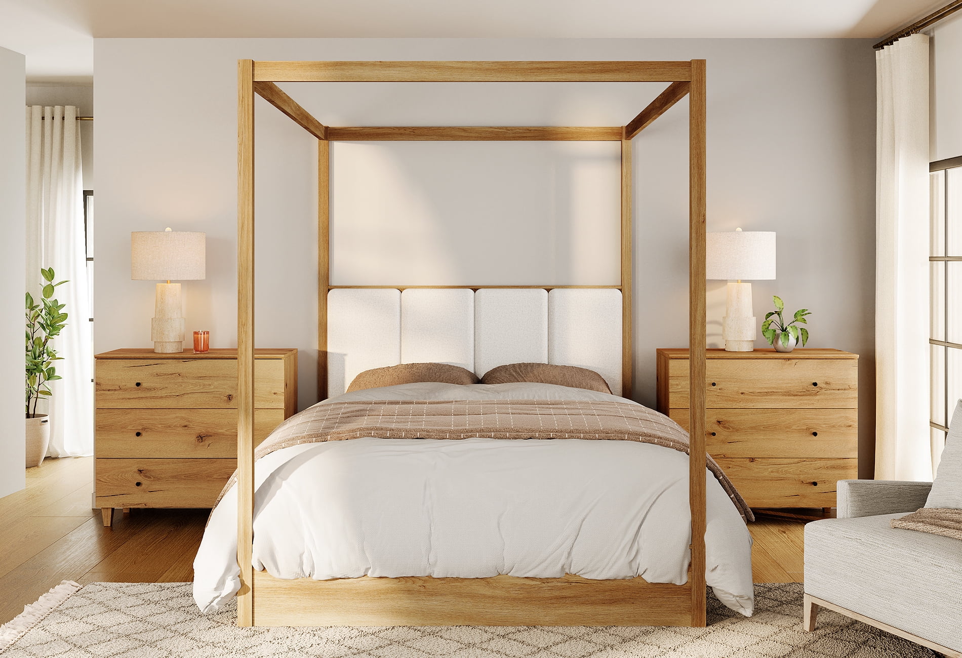 WAMPAT Modern Queen Size Canopy Bed Frame and 2-Piece Large Nightstands Set, No Box Spring Needed 4 Poster Bed with Headboard, Wooden Bedside Tables with Drawers for Bedroom, Dark Brown Wood
