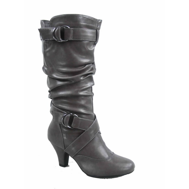 Maggie-39 Bottes Décontractées Mi-Mollet à Bout Rond à Talons Hauts à Fermeture Éclair pour Femmes