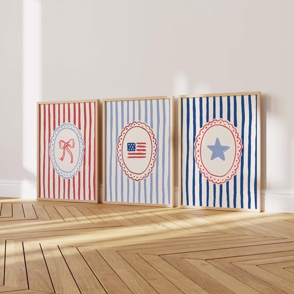 Fourth of July Wall Art Cute America Art Prints Trendy Striped Patriotic Set 3 Unframed Paper Print 8x12