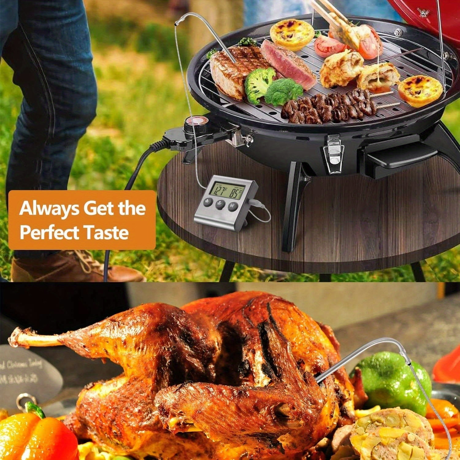Digital Oven Meat Thermometer 2 Pack with Probe, Large LCD Instant Read Grill Thermometer & Timer for Smoker BBQ Turkey Kitchen Roasting, Stainless Steel