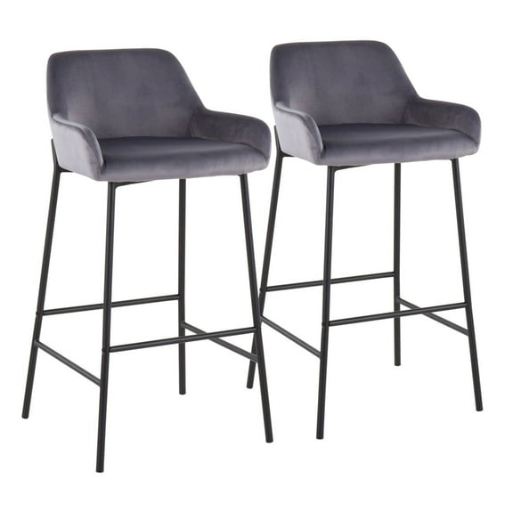 Daniella Industrial Fixed-Height Bar Stool In Black Metal And Silver Velvet - Set Of 2