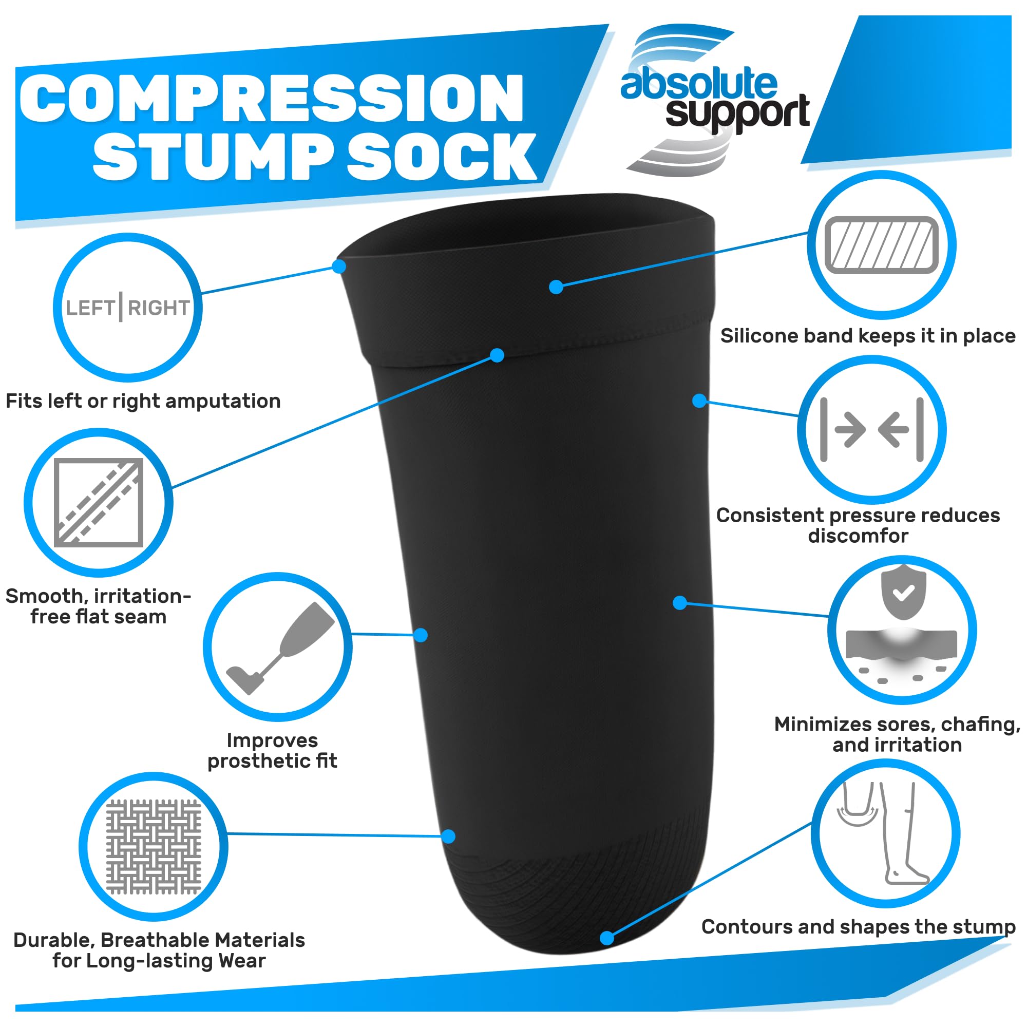 Absolute Support Above Knee Stump Compression Shrinker 20-30mmHg Black, Large