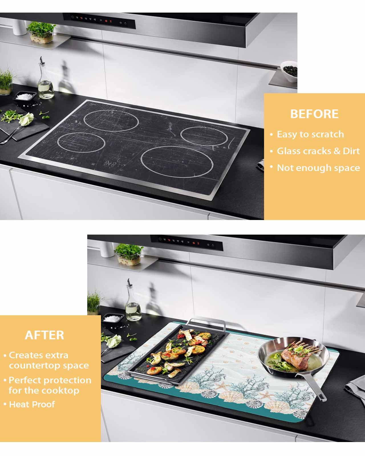 nqOlkjepod Large Induction Cooktop Protector Mat 24"x21", Turquoise Shell Stove Top Covers for Electric Stove, Rustic Coastal Nautical Ocean Animals Stove Burner Cover Mats, Glass Top Stove Cover
