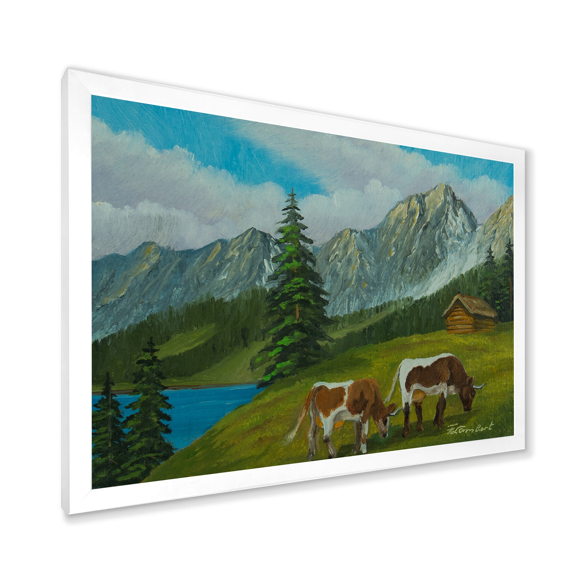 Designart 'Cows On A Green Meadow With Mountain Landscape With ' Farmhouse Framed Art Print