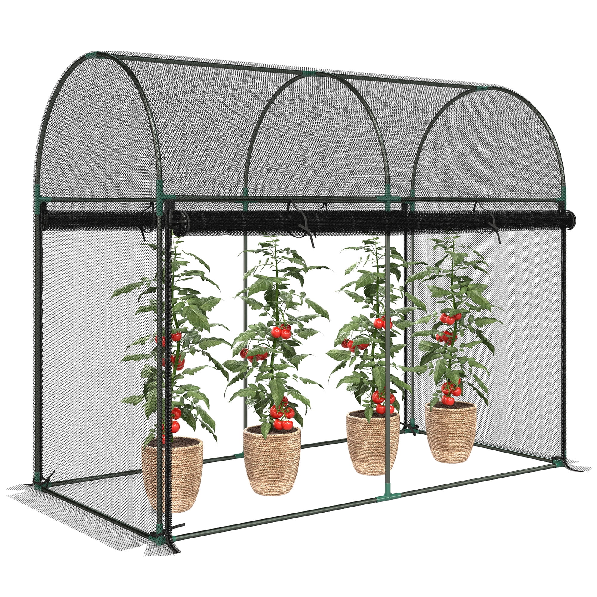 Plant Protector Crop Cage, HDPE Mesh Cover, Powder-Coated Steel Frame, Roll-Up Zippered Door, with U-Shaped Stakes for Vegetables & Climbing Crops