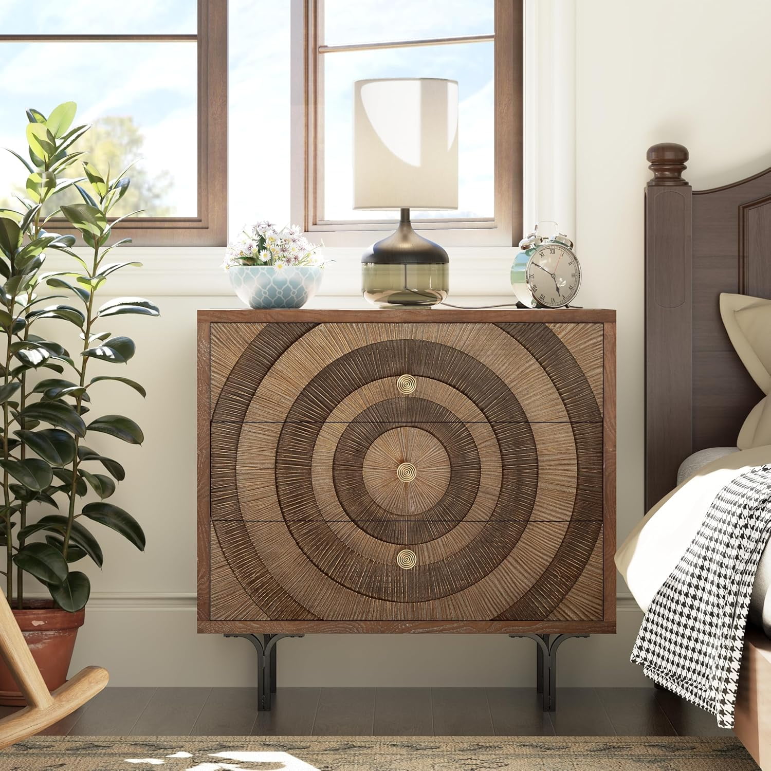 Farmhouse 3-Drawer Dresser Accent Wooden Chest of Drawers with Circle Pattern and Radioactive Wood Lines Accent Storage Dresser for Living Room Bedroom Natural Wood Color
