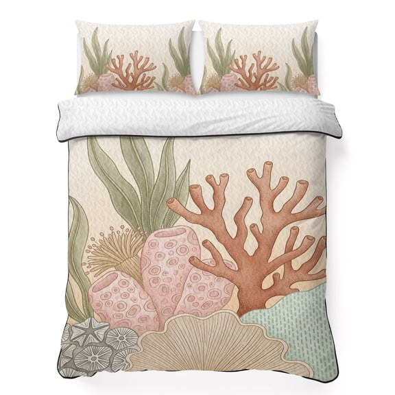 Quilts Queen Size Bedding Set, Farmhouse Coastal Lightweight Quilted Comforter, Beach Nautical Ocean Coral Seaweed Soft Reversible Bedspread Coverlet with Pillow Covers for All Season, 90" x 96"