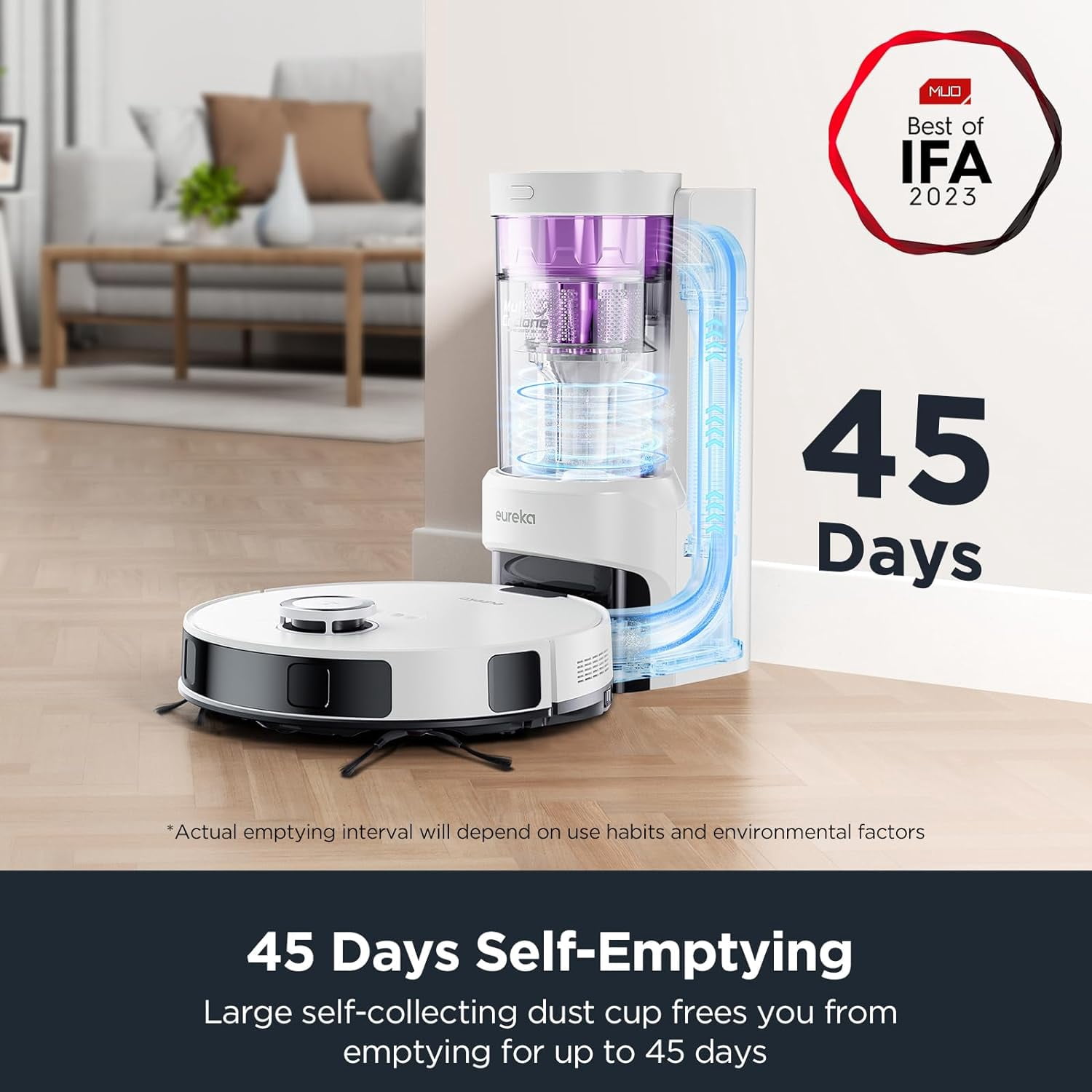 Eureka E10s Robot Vacuum with Bagless Self Emptying Station, Robotic Vacuum and Mop Combo, 45-Day Capacity, 4000Pa Suction for Pet Hair, Carpet&Floor, Auto Lifting Mop, App Control, White
