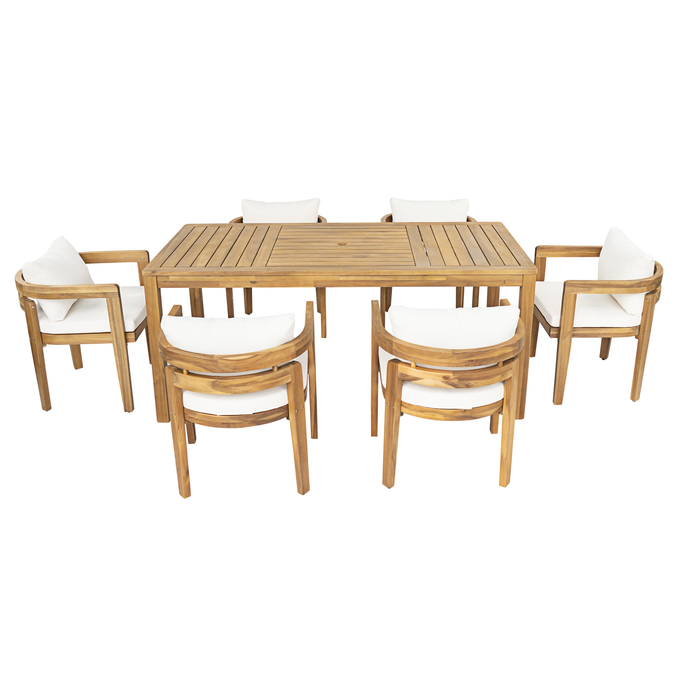Christopher Knight Home 7-Piece Outdoor Patio Dining Set with Beige Cushions, 6 Seats, Teak Finish