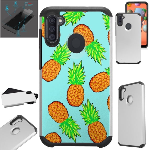WORLD ACC Fusion Phone Case Compatible with Samsung Galaxy A11 + TEMPERED GLASS Hybrid Cover (Teal Pineapple)