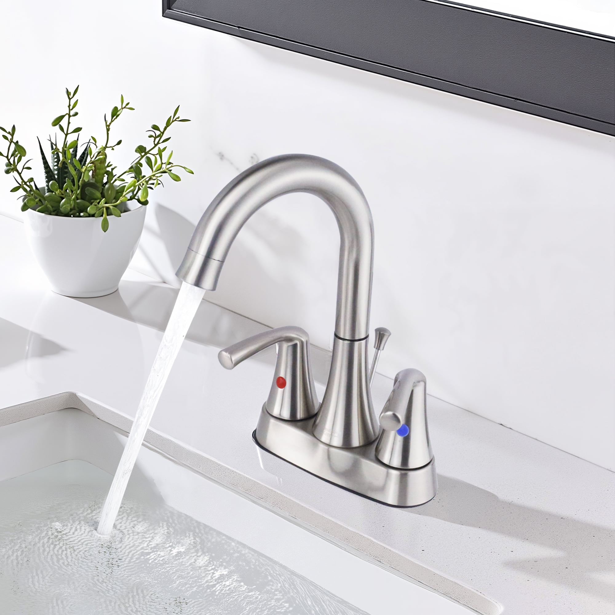 Sunrinx 4-Inch Bathroom Faucet Brushed Nickel 2 Handle Centerset High Arc Sink Faucet