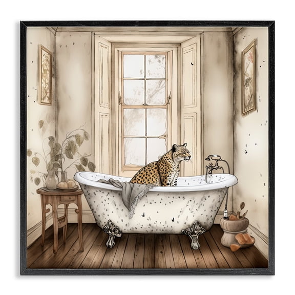 Neutral Leopard Bathtime Black Framed Giclee Art, design by Sasha