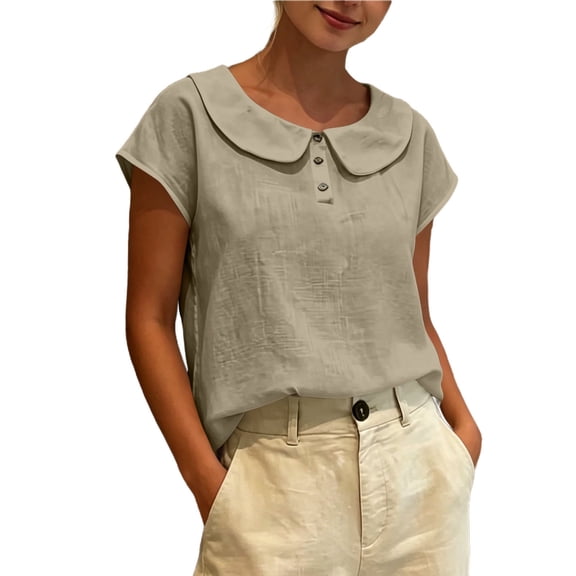 GUACER Short Sleeve Linen Cotton Tops for Women Peter Pan Collar Casual Button Placket Blouses Summer Shirts
