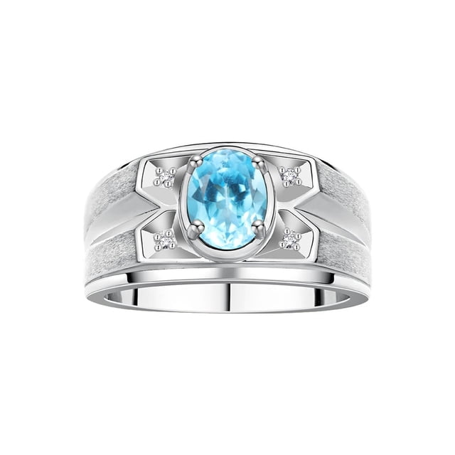 RYLOS Men's Rings 14K White Gold Rings Classic Designer Style 8X6MM Oval Gemstone & Diamond Ring Blue Topaz December Birthstone Rings For Men Size 9