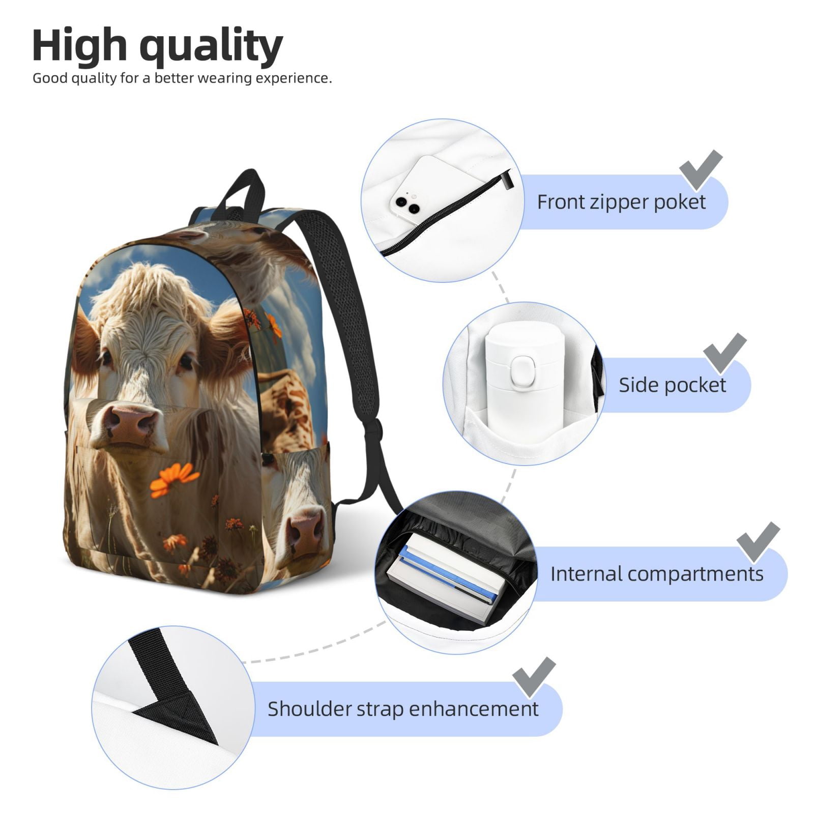 Vsdgher Daisy Meadow Cow Print Canvas Backpack Travel Rucksack Unisex Knapsack 15.7/17.7Inch Laptop Backpack for Work,College -Medium