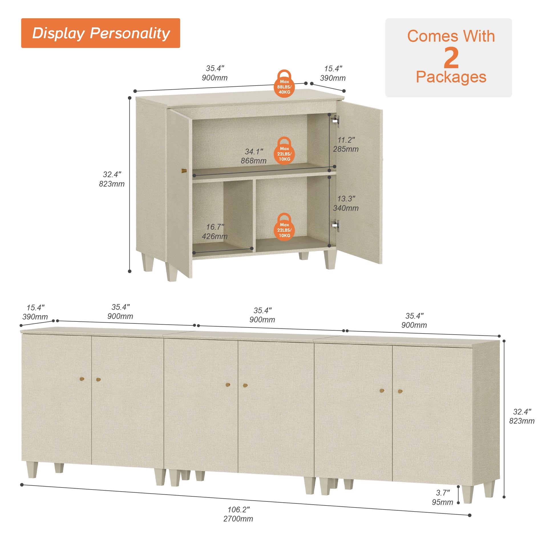 WAMPAT TV Stand Cabinets for 100+ Inch Flat Screen, 3-in-1 Modern Highboy Wooden Entertainment Center with 9 Compartments, Dark Beige