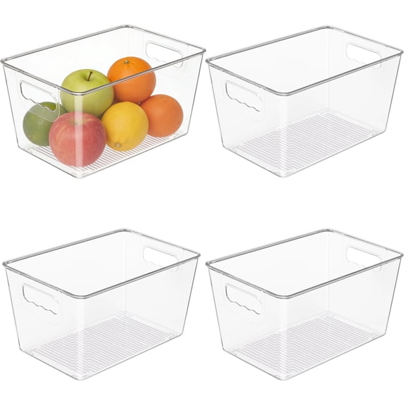 4 Pack Clear Plastic Storage Bins with Lids – 9” Wide Fridge & Pantry Organizer, Built‑in Handles, Stackable, BPA‑Free, for Kitchen, Cabinet, or Closet