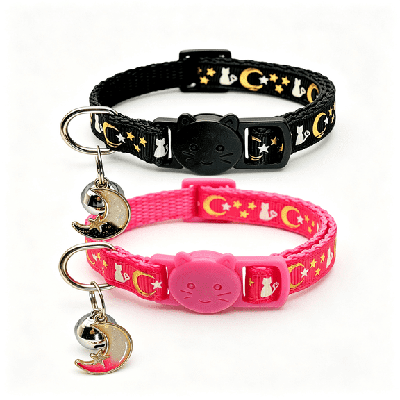 BESTSKY 2 Pack Breakaway Cat Collars,Glow in Dark with Bell & Moon Star Pendant,Safety Buckle Kitten Collars Adjustable from 6.9-10.7" (Black & Rose,6.9-10.7 In)