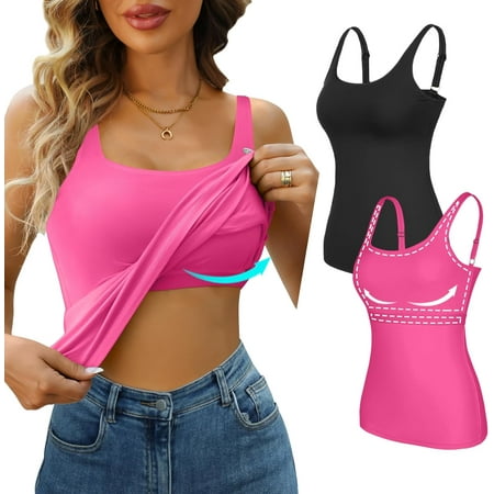 H-FMUTU Womens Tank Top with Shelf Bra Basic Camisole with Adjustable Wide Strap Summer Cotton Cami Shirts 2 Pack