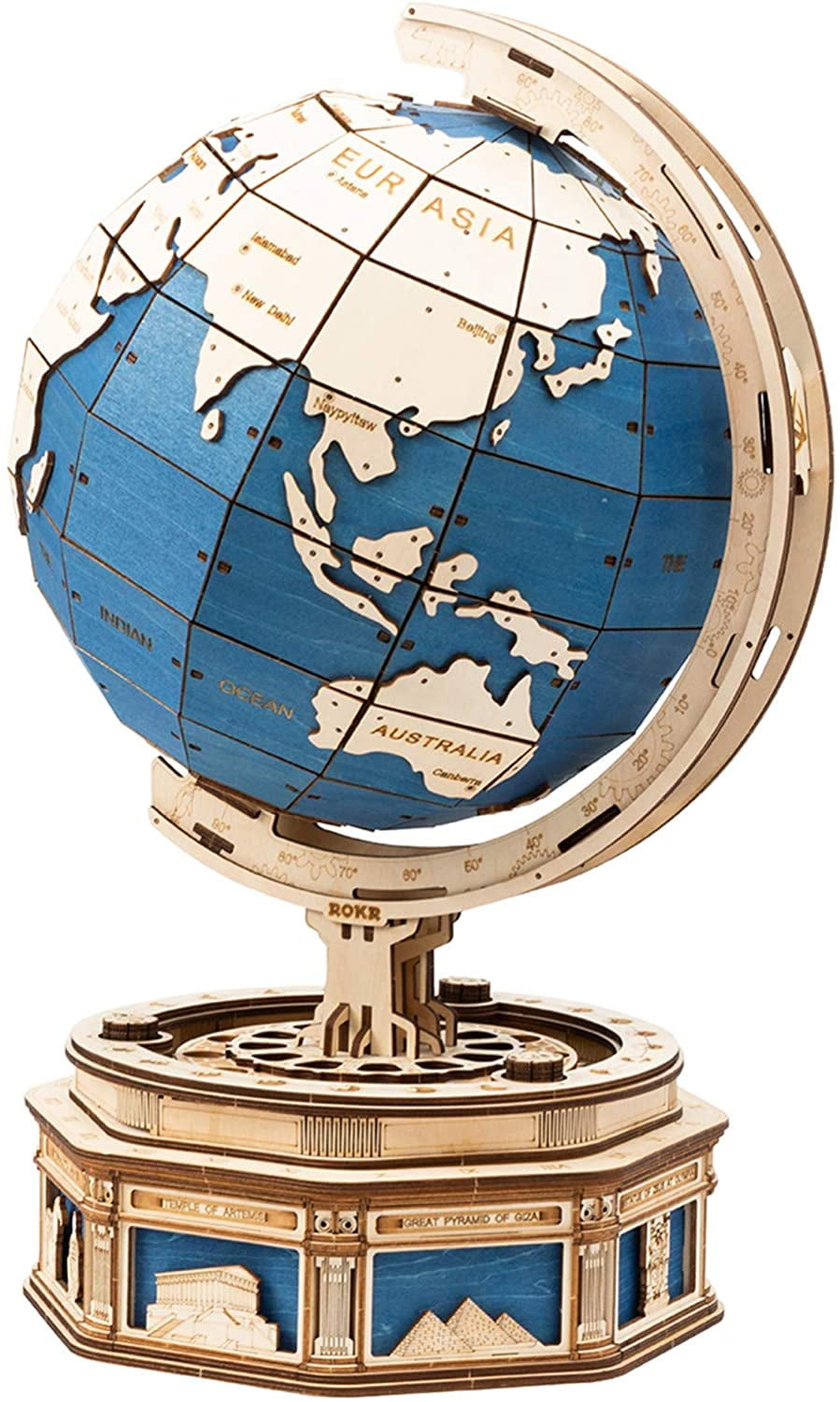 ROKR DIY Rotatable 3D Globe Wooden Puzzle Game Assembly Toy Gift  Xmas Gift 