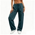 thumbnail image 4 of Cagogo Women Plus Size Cargo Wide Leg Drawstring Loose Pants with Pockets Casual Streetwear Long Trousers Elastic Waist Summer Lounge Pants, Navy XL, 4 of 6