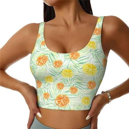 Jgfou Tree Palms Lemon Print Womens Sports Bra - Padded Workout Sports Bras Crop Tank Top