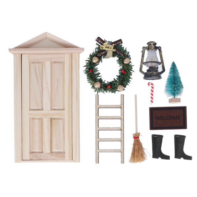 Kit de puerta de casa de muñecas, mini puerta de árbol de Navidad, puerta de madera en miniatura, kit de puerta en miniatura de Navidad, parte superior de la línea