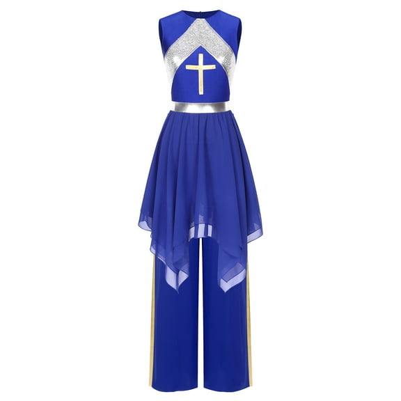 TiaoBug Womens Lyrical Liturgical Praise Dance Outfit Cross Sequins Irregular Hem Dress with Pants Royal Blue S