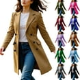 thumbnail image 5 of Women's Double-Breasted Long-Sleeved Coat - Solid Color Casual Fall Winter Trench Jacket, Olive Green, L, 5 of 5