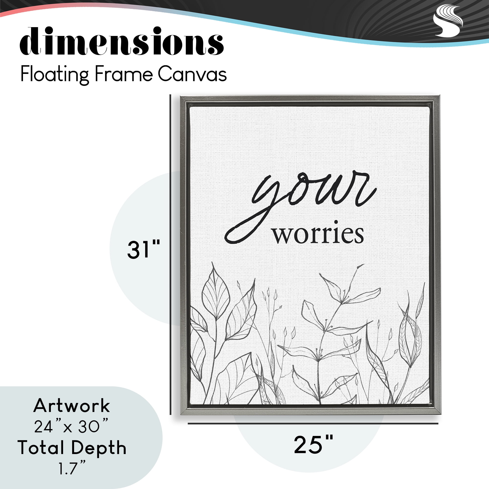 Your Worries Minimalist Leaves Gray Framed Floater Canvas Wall Art, design by Lettered and Lined