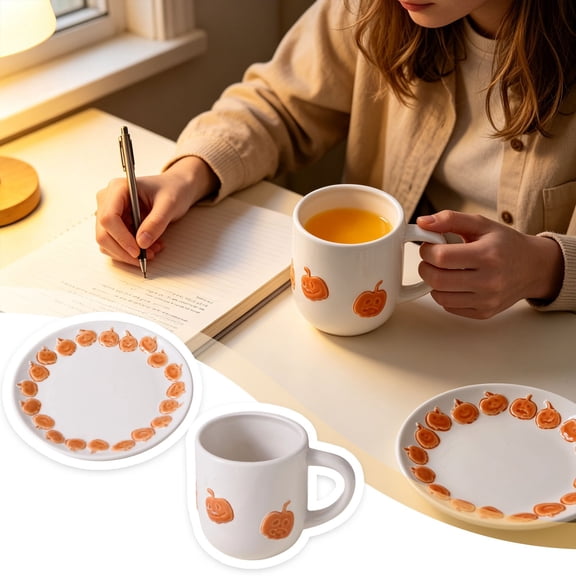 Halloween Pumpkin Ceramic Cup and Saucer Set, 301-400ml Mug 17cm Pumpkin Plate, Embossed Jack-o'-Lantern Tableware for Halloween Decor & Gifting