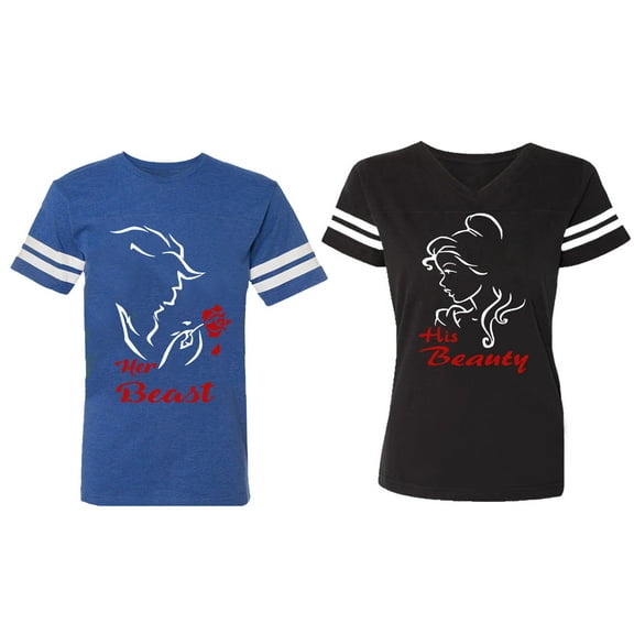 Her Beauty His Beast Matching Couple Cotton Jerseys (Men Royal / Women Black) (Men S / Women S)