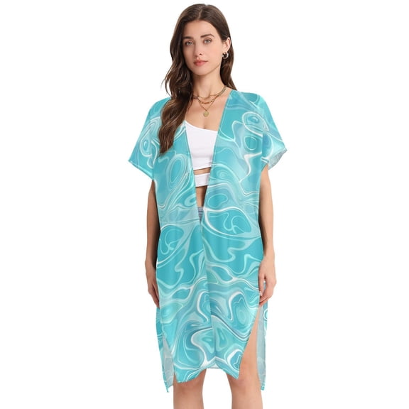 Waves Women Swimsuit Cover up V Neck Beach Dress Short Sleeve Vacation Outfits Swimwear