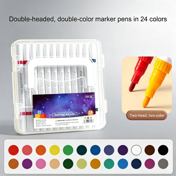 24 Colors Dual Tip 2-in-1 Acrylic Paint Markers, Brush Tip Multi Surface Acrylic Paint Pens Set Perfect for Canvas, Wood, Stone, Fabric & DIY Crafts