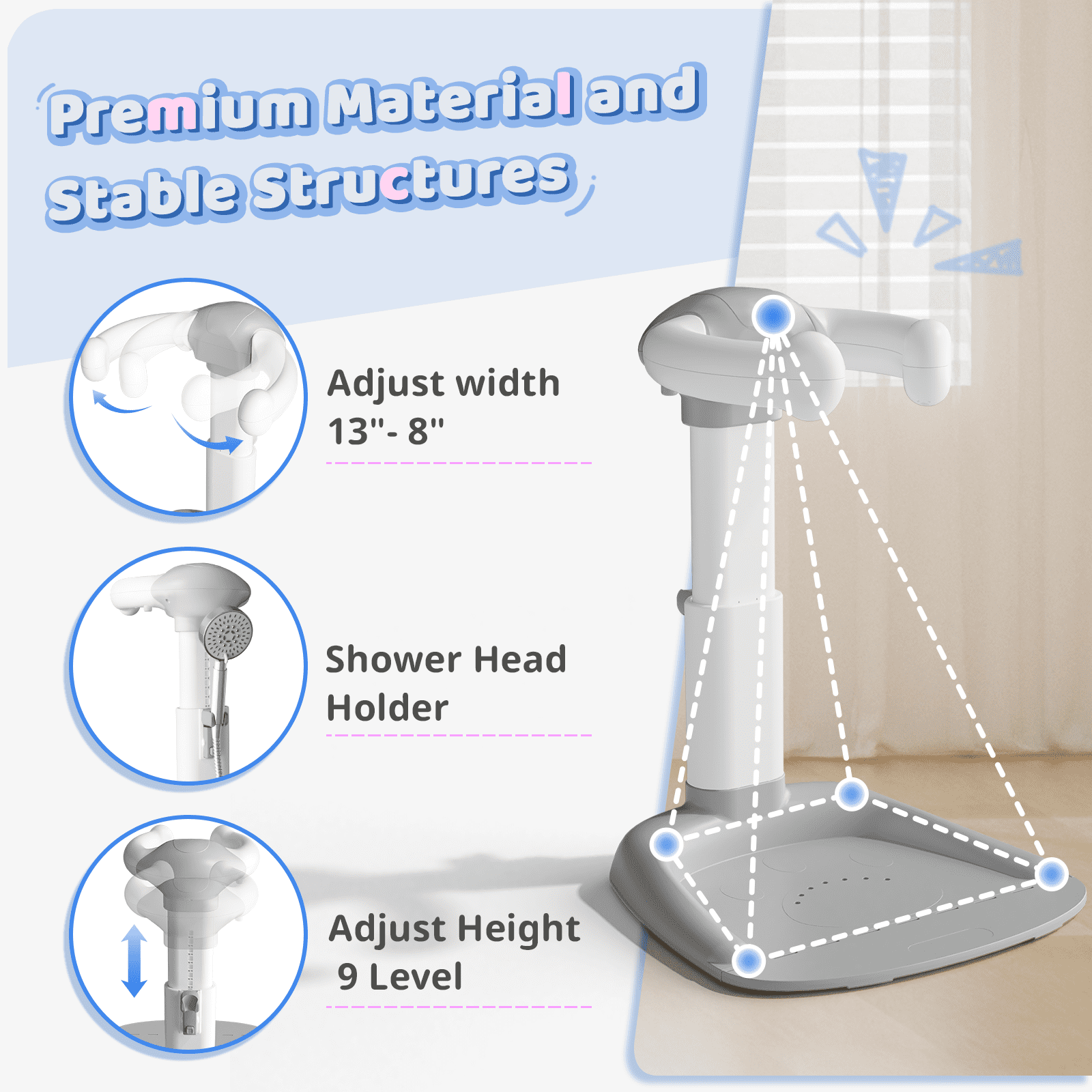 COOSEYA Baby Bath with Shower Stand Support, Anti-Pinch Soporte para Bañera de Bebé Adjustable Shower Tower and Anti-Slip for Toddler Standing Up Themselves(Gray)