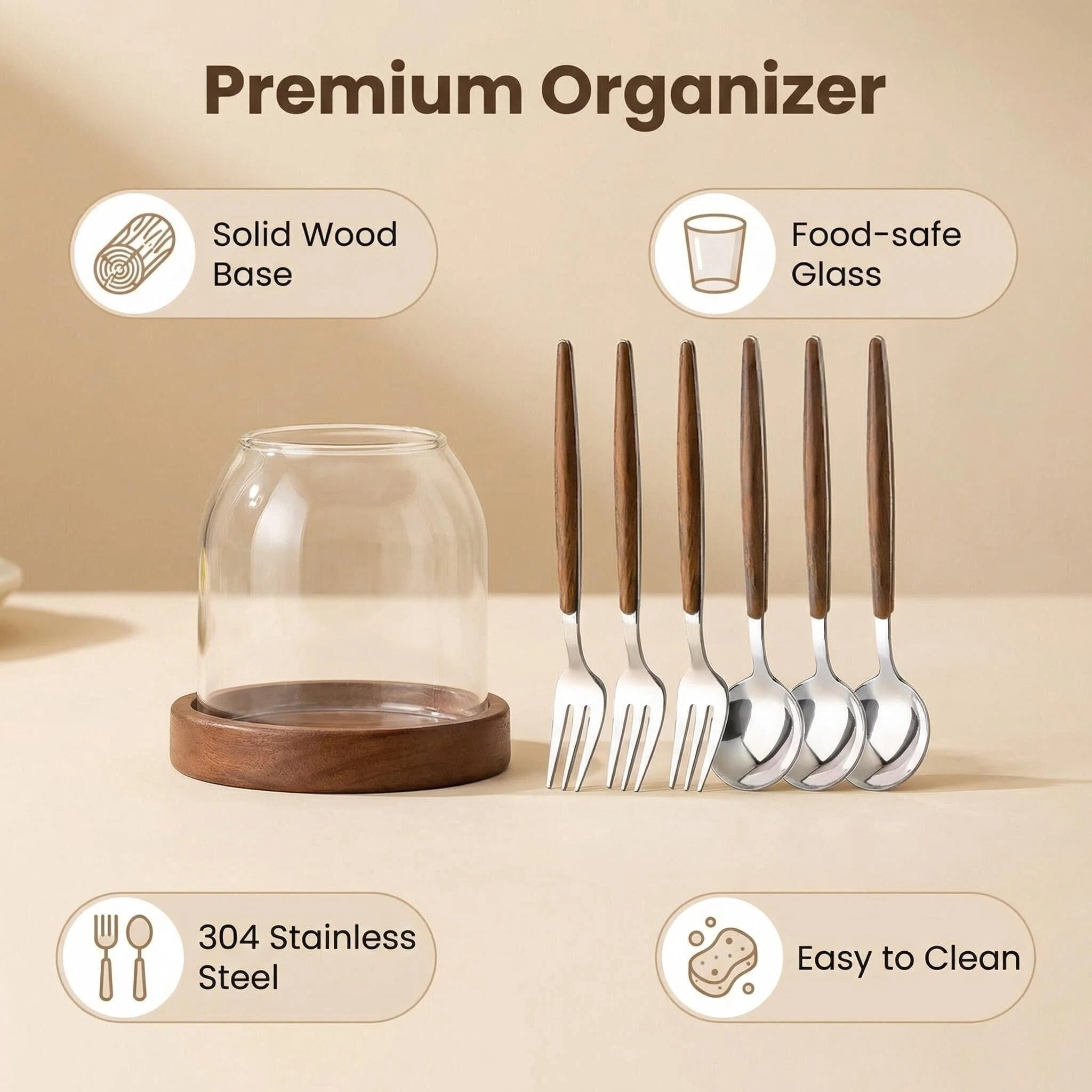 Glass Utensil Holder With Wooden Base,Fork And Spoon Set With Wood Handles,Cutlery Caddy For Kitchen Afternoon Tea Ice Cream Cake Stainless Steel