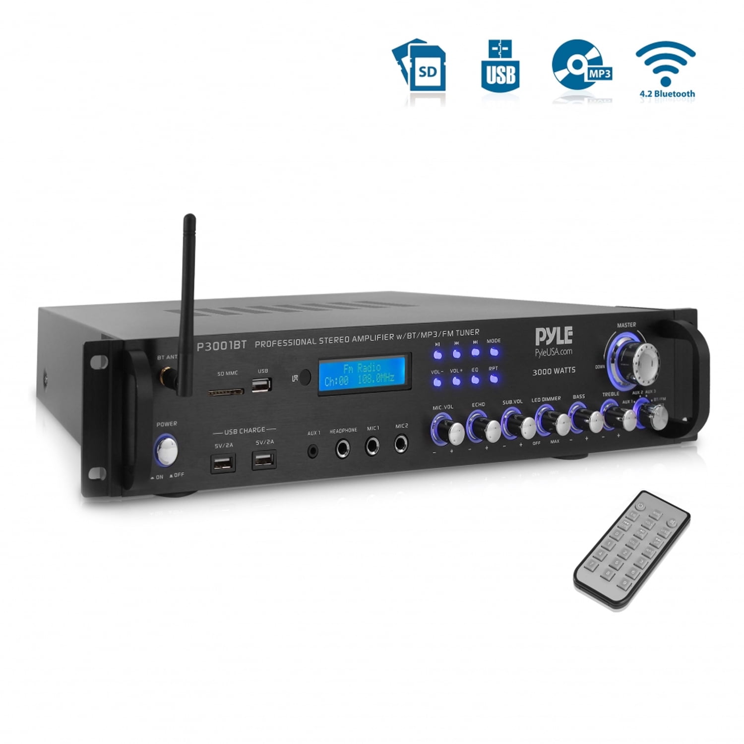 Pyle 3,000 Watt Multi Channel Bluetooth Home Theater Hybrid Amplifier