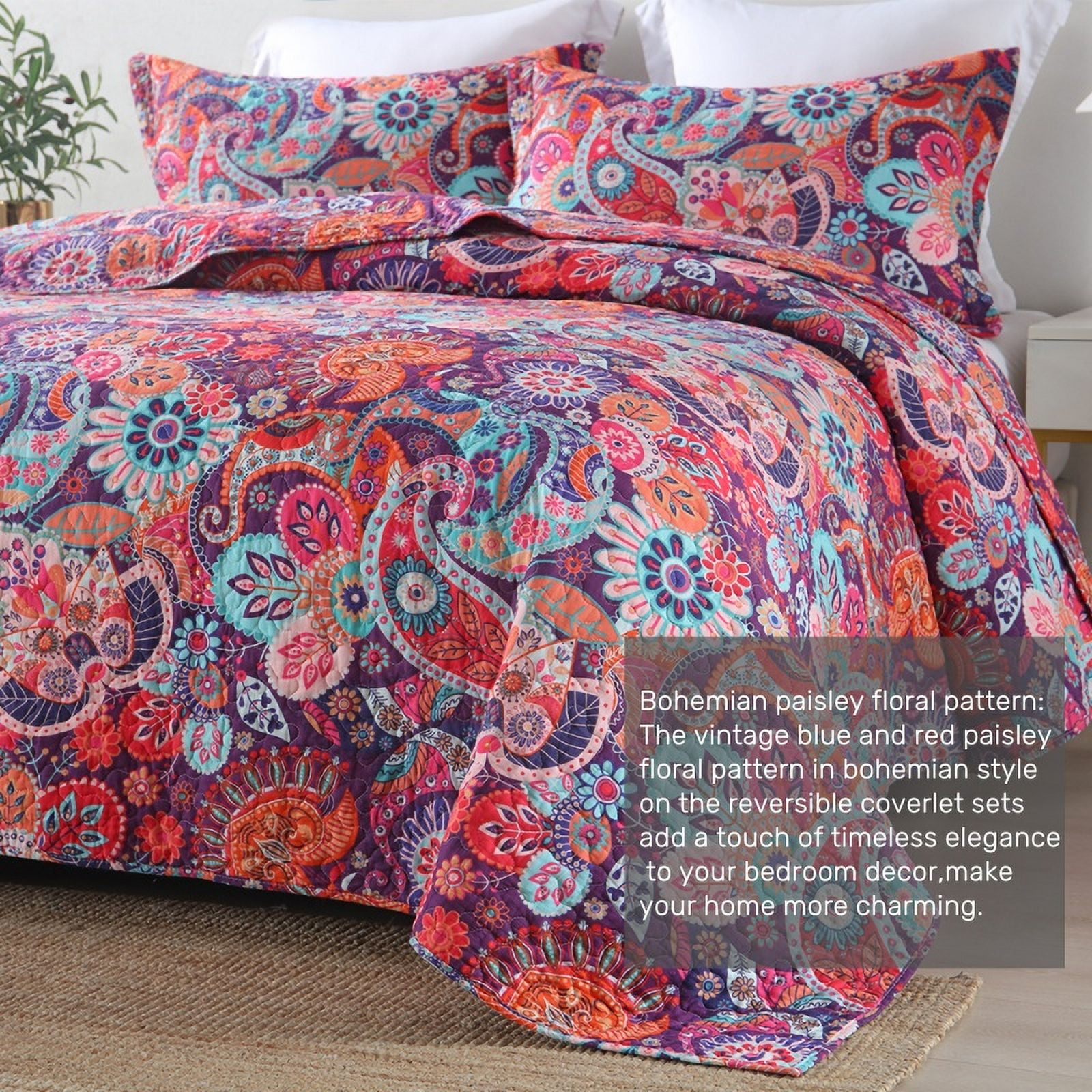 Visimisi 100%Cotton Christmas Bedspread Quilt Bedding Sets, 3 Pieces Reversible Coverlet Sets Comforters, Gorgeous Red Floral Paisley Bohemian Bedspread, King Size