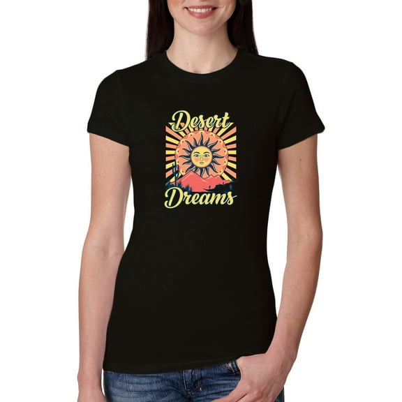 Wild Bobby Desert Dreams Sunset Nature Lover Women Slim Fit Junior Tee, Black, Small