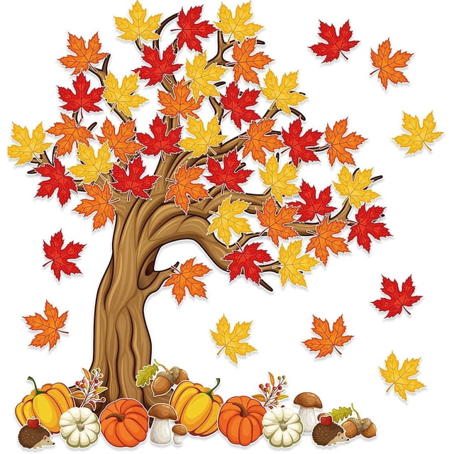 CSChome Autumn Bulletin Board Decoration Fall Bulletin Board Decoration with Dot Big Tree Maple Leaves Pumpkin Hedgehog Mushroom Nuts Berries Autumn School (74Pcs/Set)
