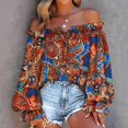 thumbnail image 5 of Summer Savings Clearance LINGLANG Womens Summer Tops Summer Off Shoulder Shirt Floral Print Casual Long Sleeve Off Shoulder V Neck Retro Ethnic Loose Blouse Tshirts Shirts, 5 of 5