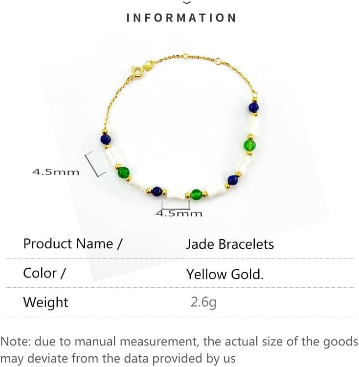 14K Gold Bamboo Bead Bracelet, Green Jade and Shell Bead Design Bracelet, Elegant Chinese Style Jewelry for Women