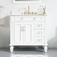 thumbnail image 3 of ANGELES HOME 36" Bathroom Vanity with Single Sink, Solid Wood Bathroom Makeup Cabinet W/ 2 Doors and 3 Drawers, Bathroom Vanity Storage Organizer with Carrara White Quartz Countertop, White, 3 of 11