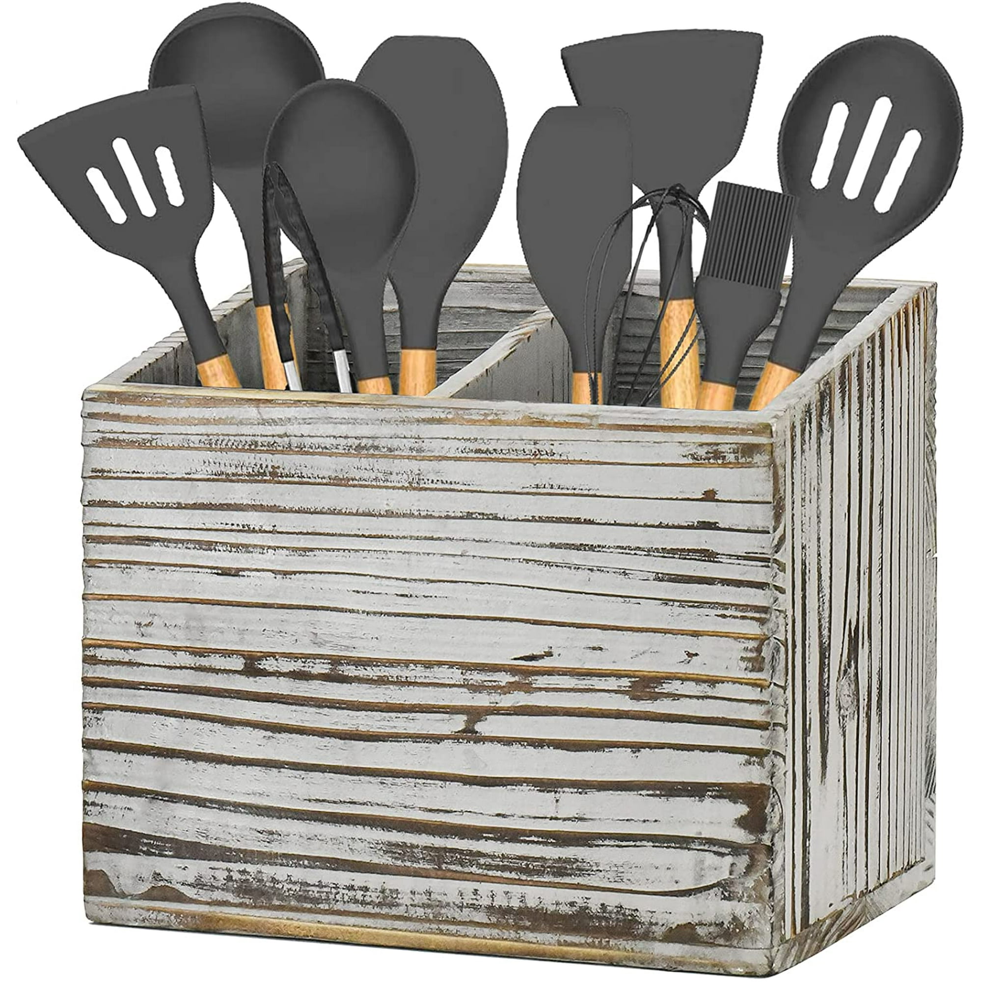 Kitchen Utensil Caddy With 2 Compartments, Rustic Kitchen Utensil Holder Wood Utensil Organizer Box, Farmhouse Utensil Crock Flatware Organizers, ...