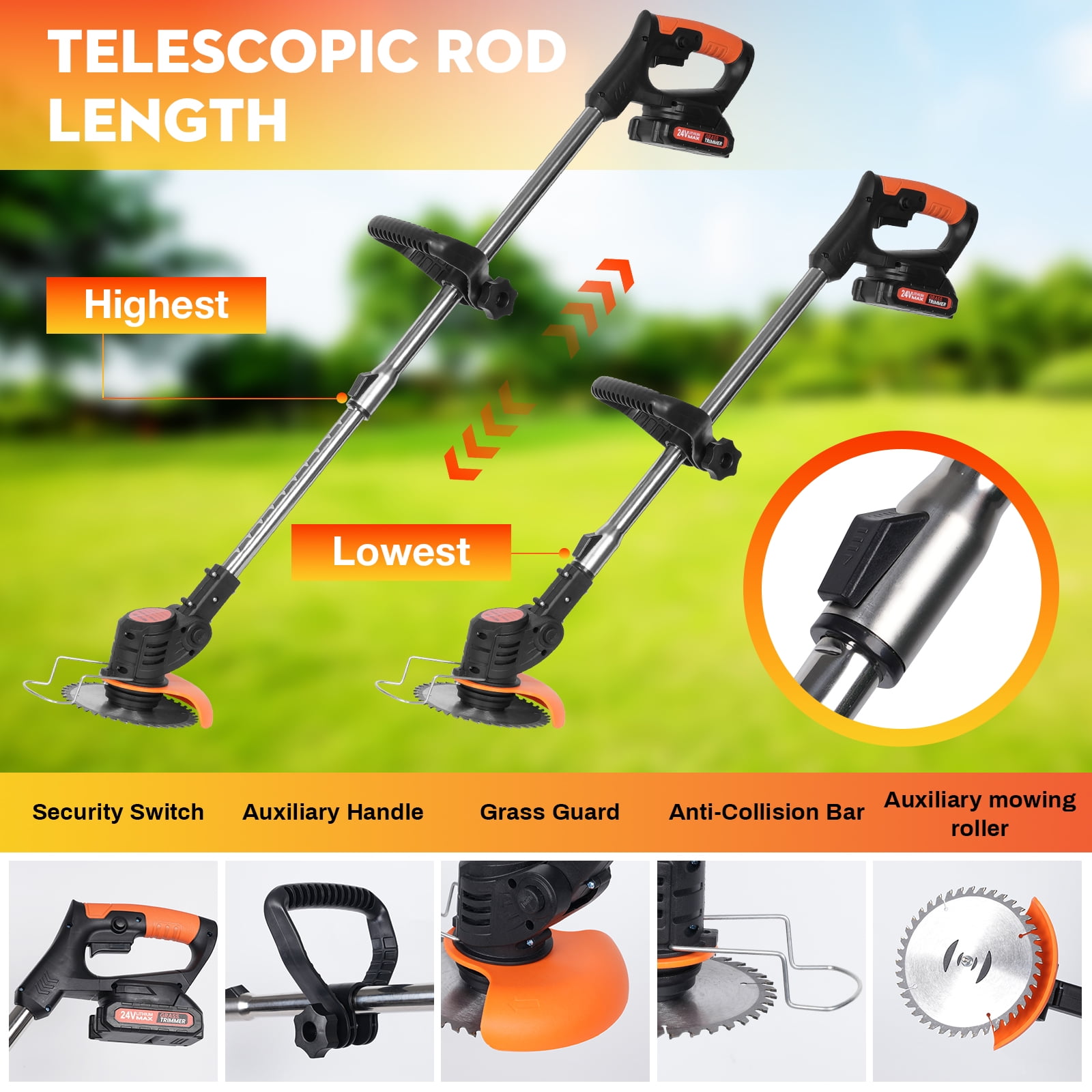 NEXPOW 24V Cordless Grass Trimmer  Lightweight Lawn Edger & Weed Cutter for Garden & Yard Care, Orange