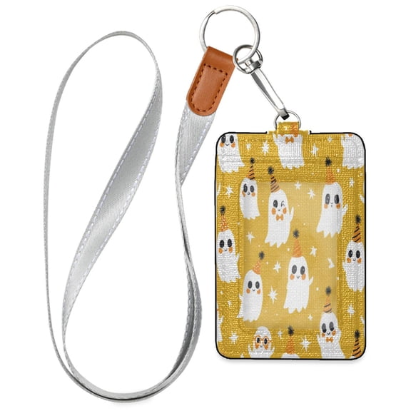 PU Leather Badge Holder Lightweight ID Card Holder with Window Pocket White Cute Ghost