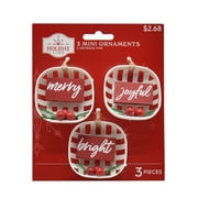 Holiday Time Mini White "Merry Joyful Bright" Pattern Basket with Bow Ornament, 3 Count